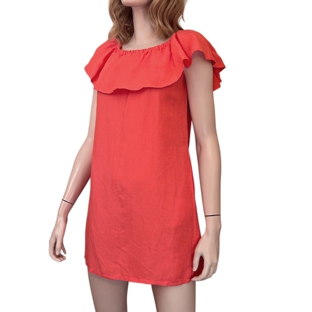 Tommy Bahama Shift Dress Tunic Linen Blend Ruffle Melon Coral Pockets XXS XS S